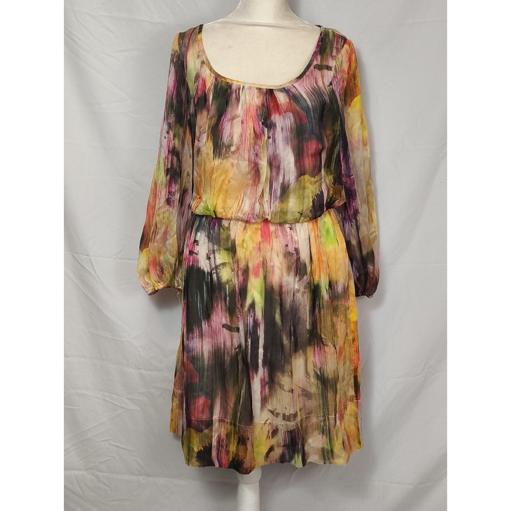 Maggy London Watercolor Silk Organza Chiffon Blouson Long‎ sleeve dress size 8